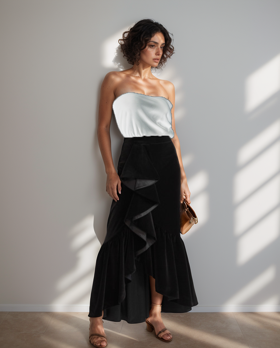 Noir Ruffle Velvet Skirt