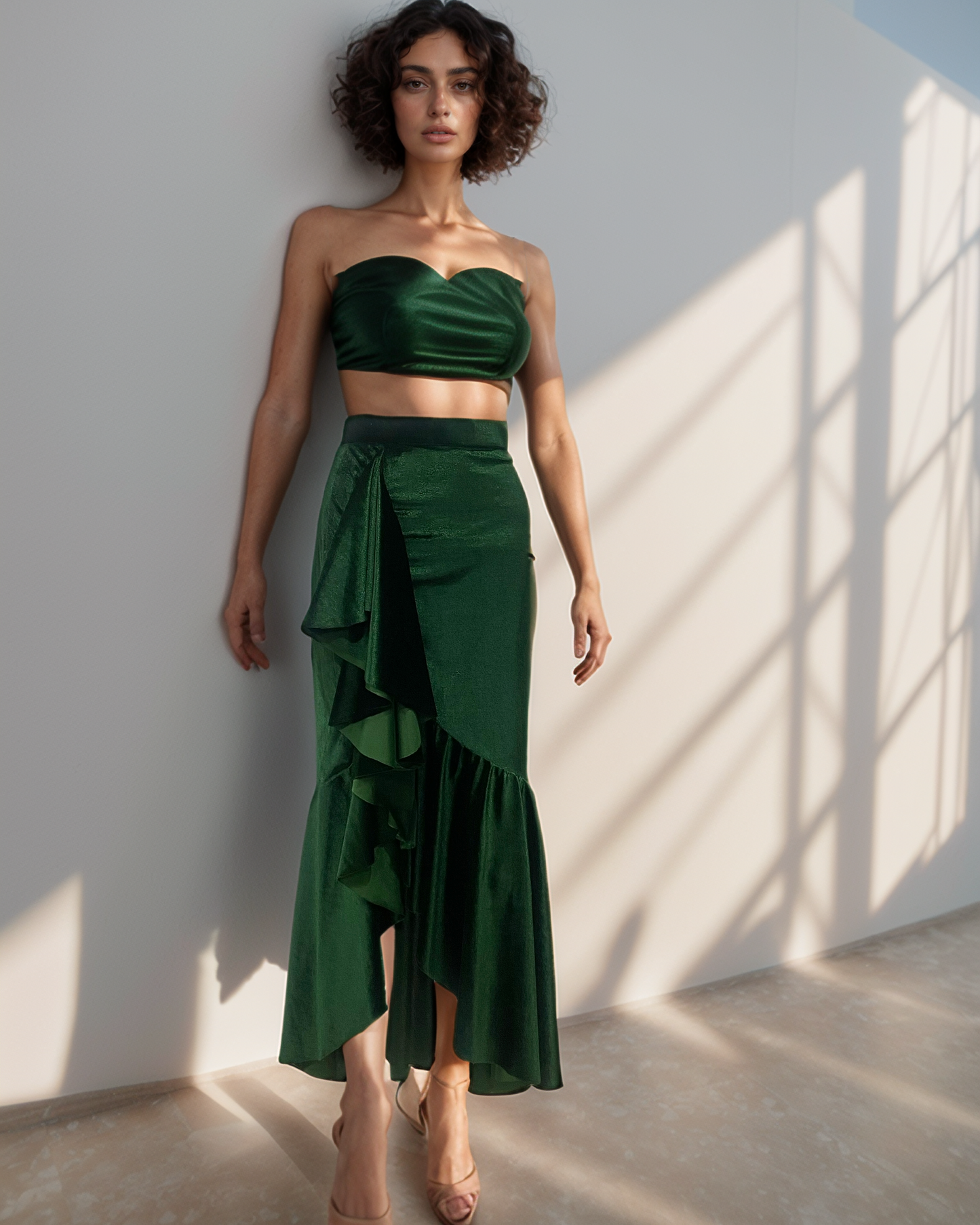 Emerald Ruffle Velvet Skirt
