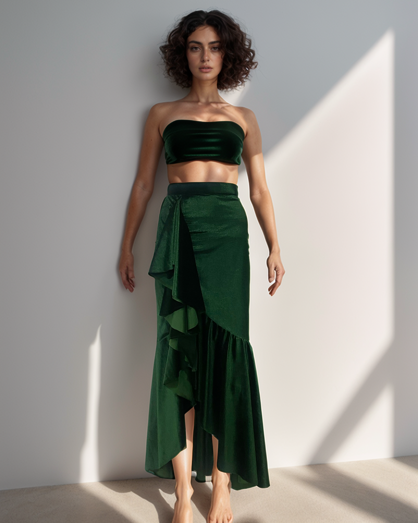 Emerald Ruffle Velvet Skirt
