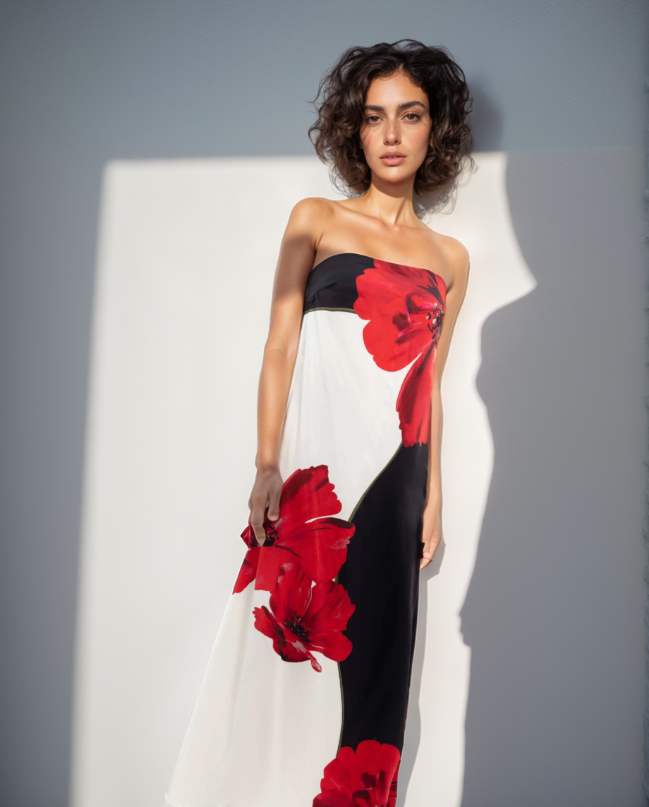 Woman wearing a strapless dress with red floral patterns on a white background