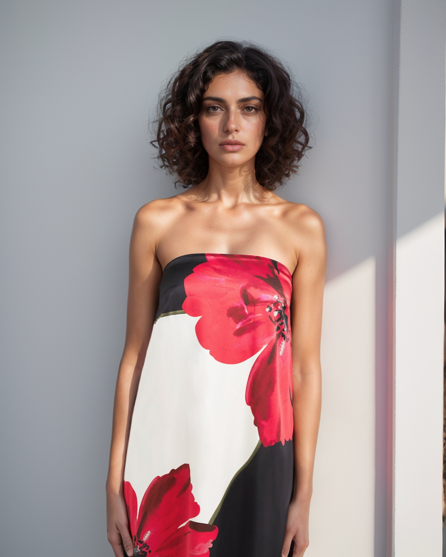 Woman wearing a strapless dress with red floral patterns on a gray background