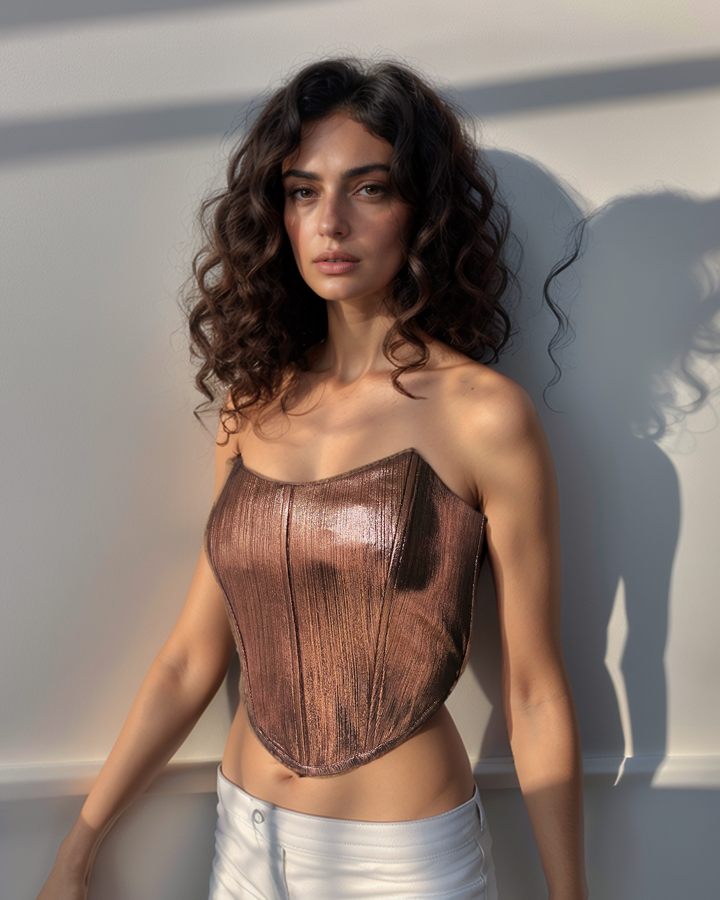 Woman wearing a metallic champagne gold strapless corset and white pants against a light background