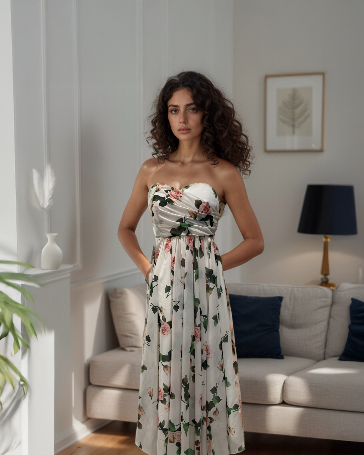 Woman in a floral dress standing in a living room.