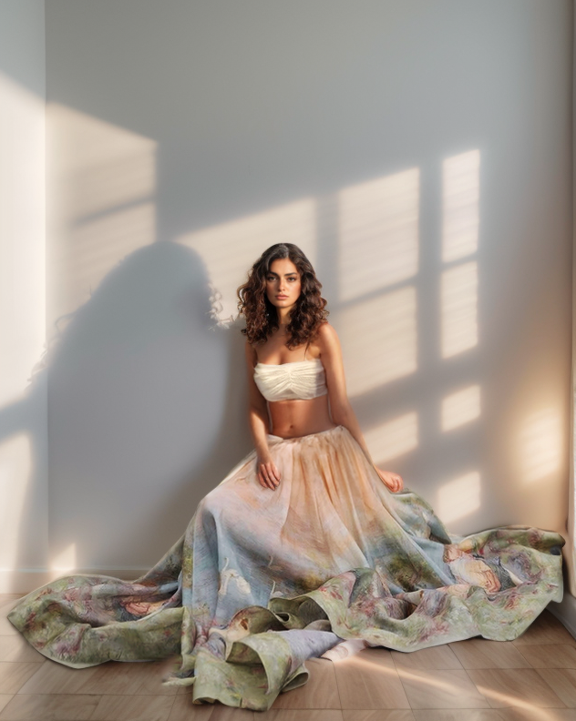 Woman in a flowing skirt with renaissance painting print