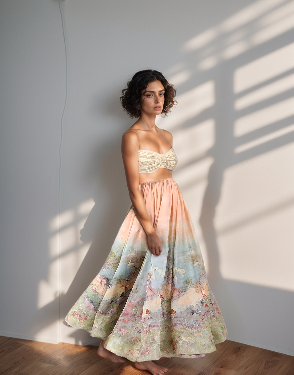 Woman wearing a strapless top and floral skirt with a renaissance print