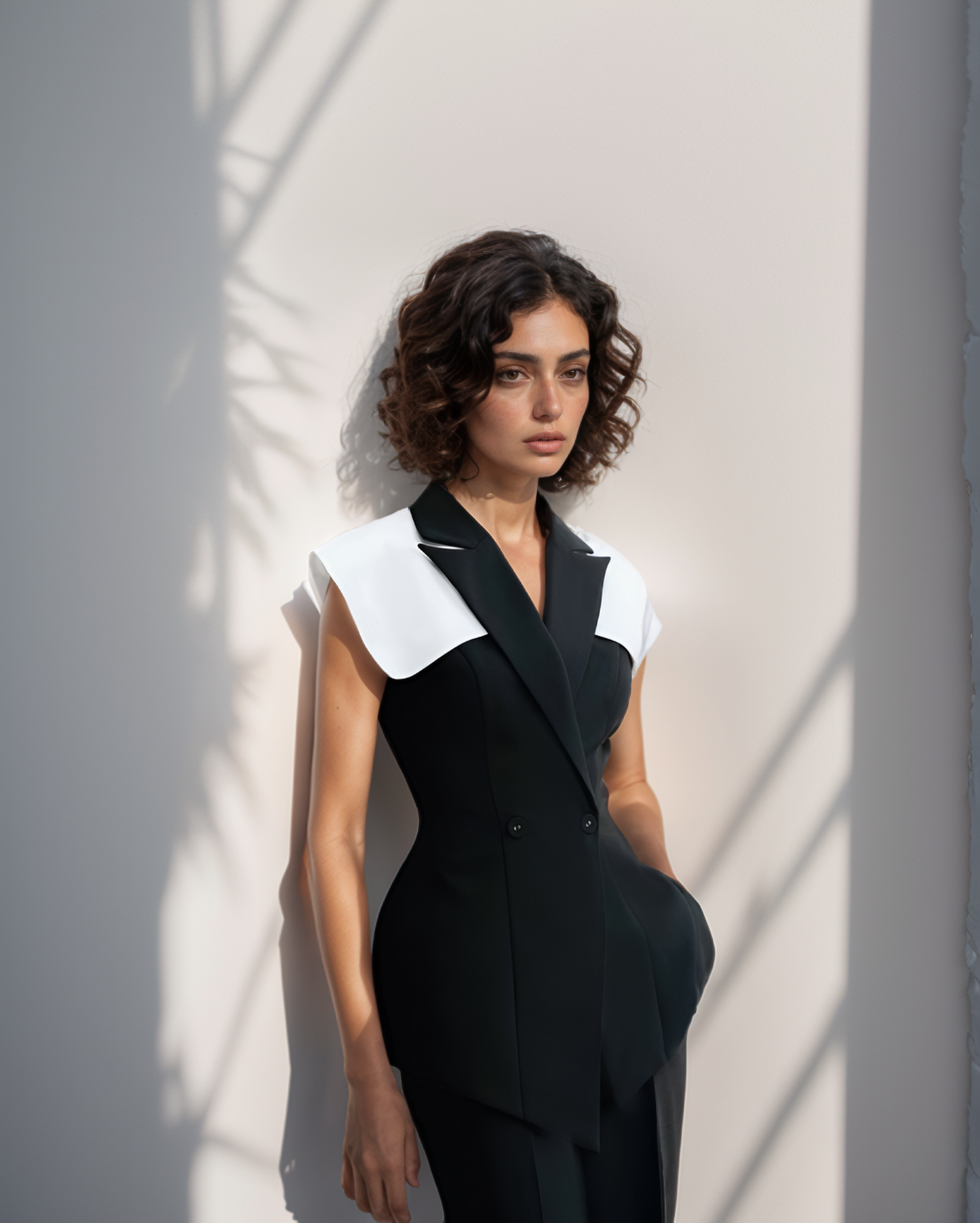 Woman wearing a black and white outfit against a light wall.