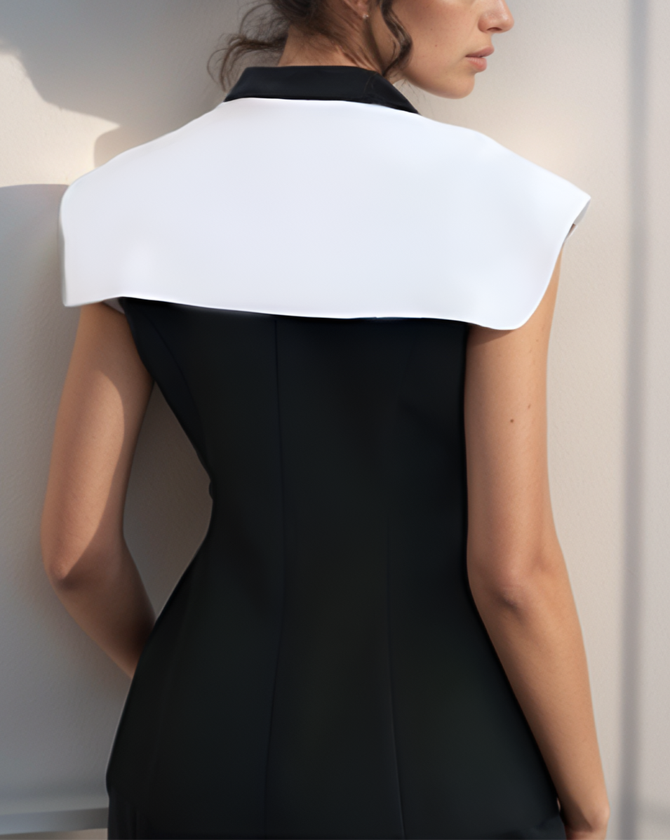 Woman wearing a black dress with a white collar against a light wall.
