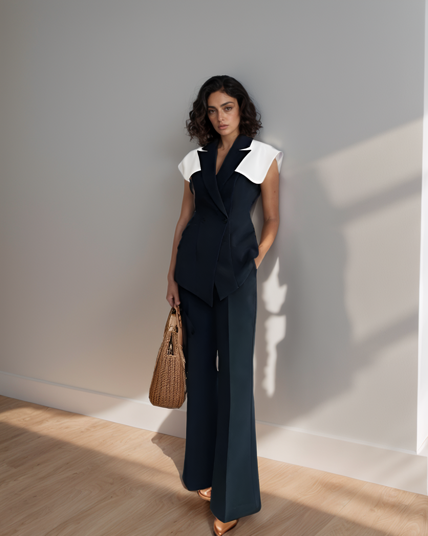 Woman in a black and white outfit with a brown bag standing against a gray wall.