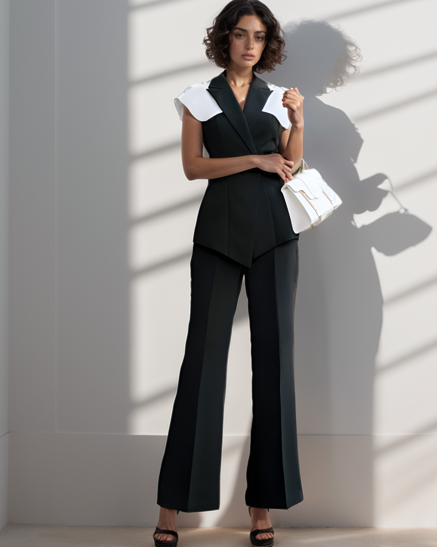 Woman in a black and white outfit holding a white handbag against a light background