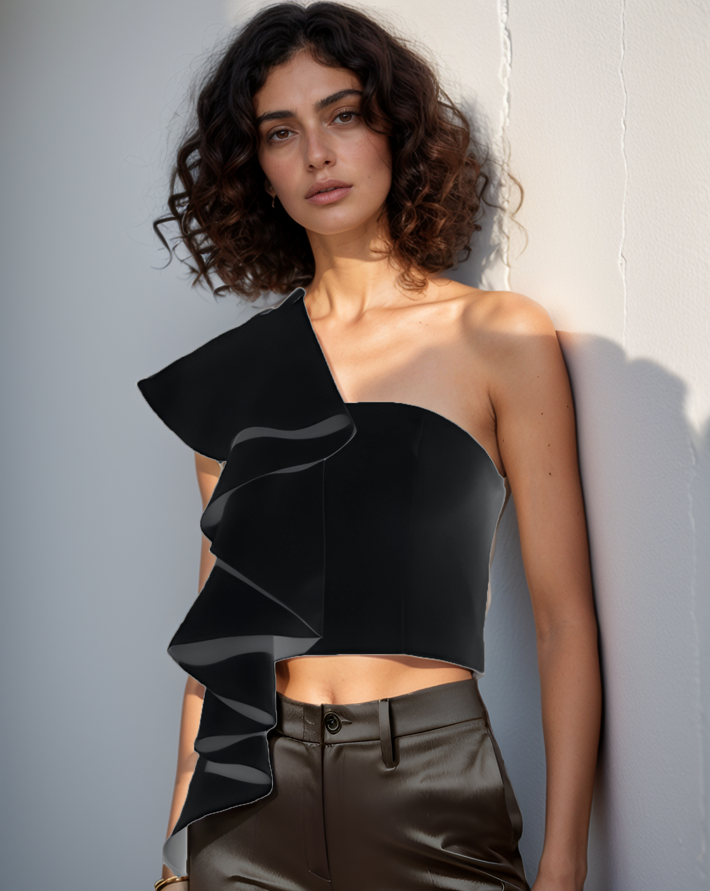 Black One Shoulder Ruffle Top