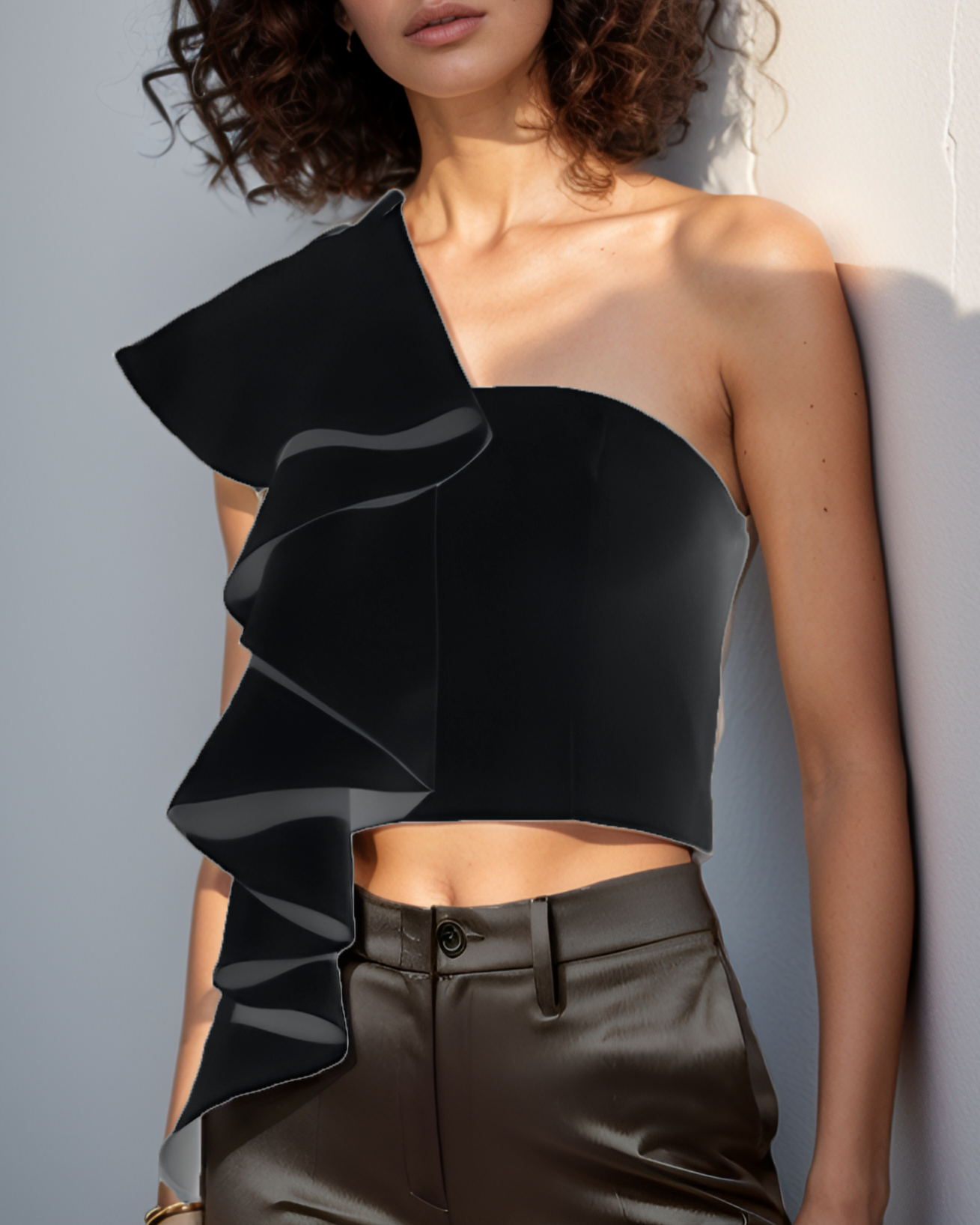 Black One Shoulder Ruffle Top