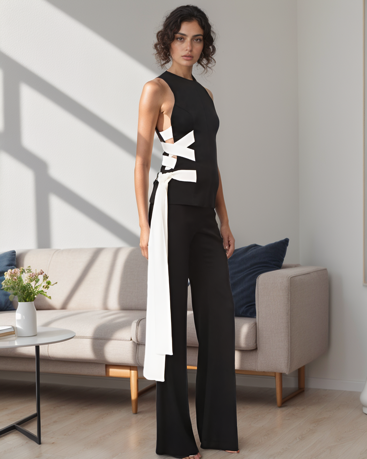Black White Side Tie Top