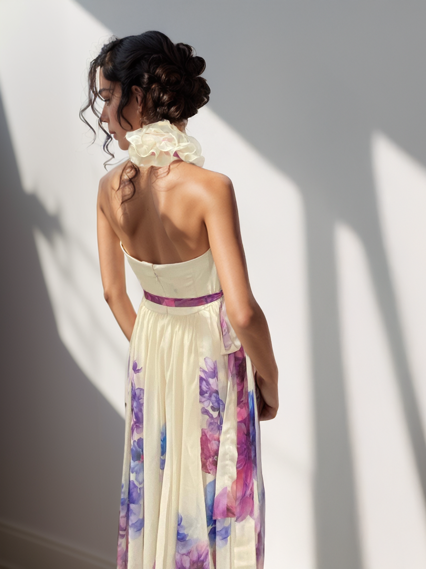 LUXE FlowerPaint Ruffle Halter Gown