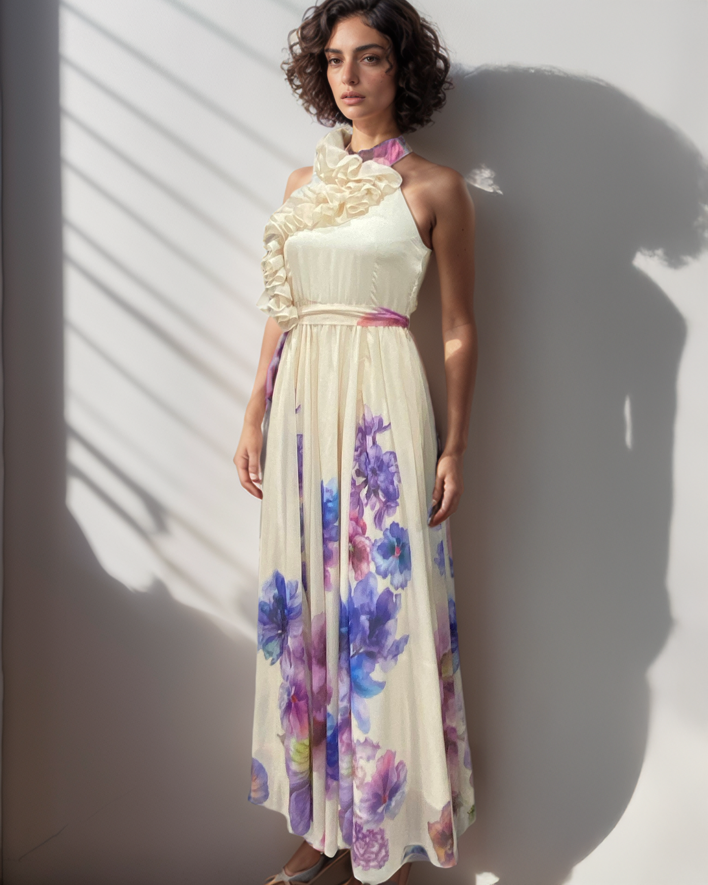 LUXE FlowerPaint Ruffle Halter Gown