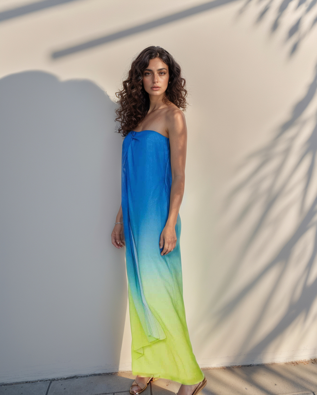 Woman wearing a gradient dress standing against a neutral wall with shadow patterns.