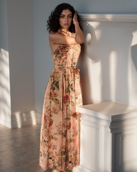 LUXE Floral Ruffle Halter Vintage Gown