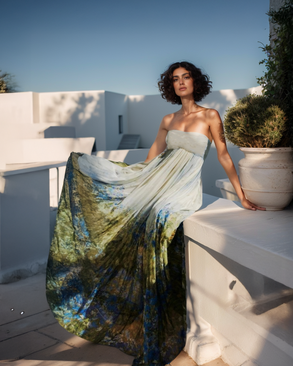 Woman in a strapless dress with a colorful skirt on a rooftop setting