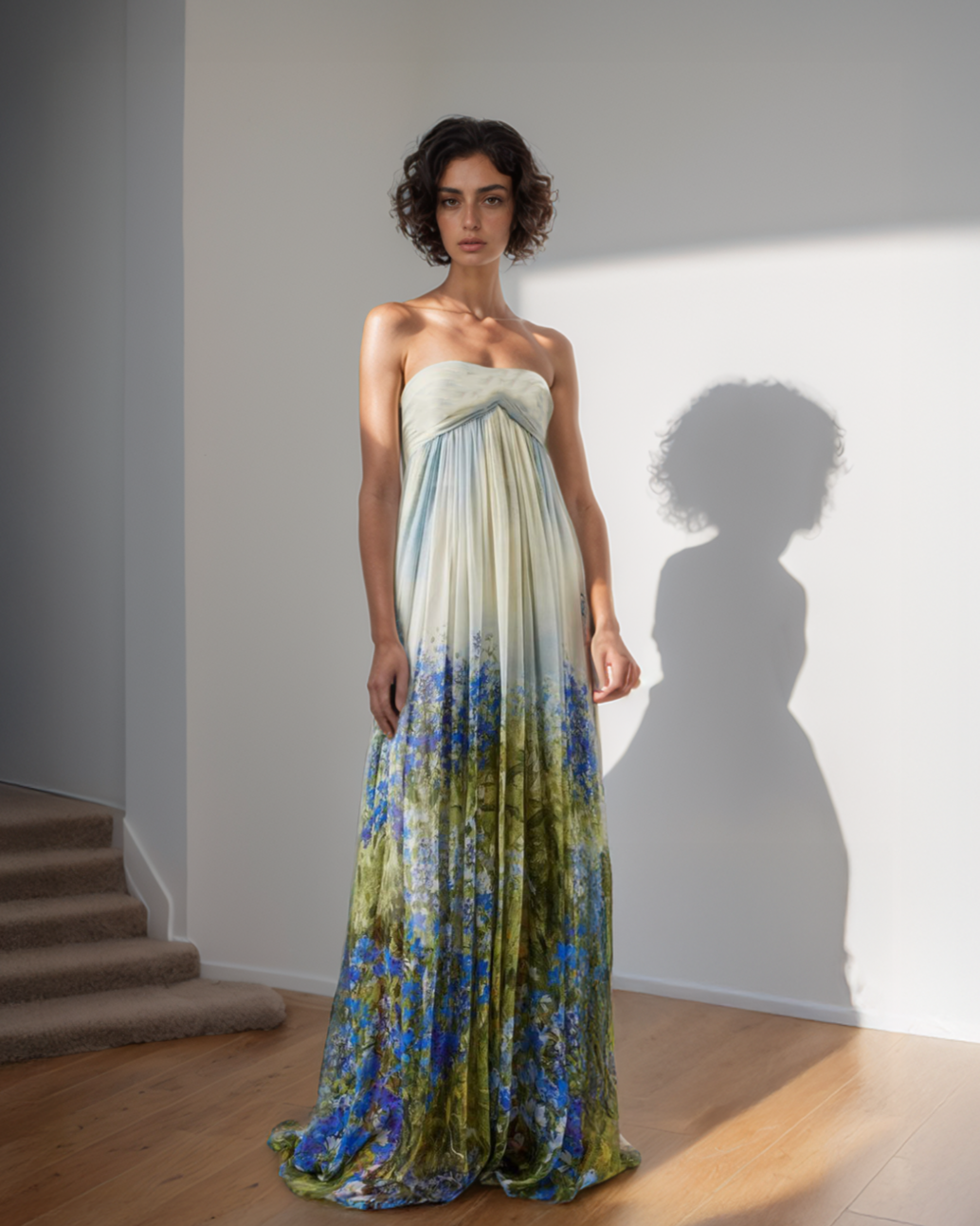 Woman wearing a strapless dress with a gradient design standing against a white wall.