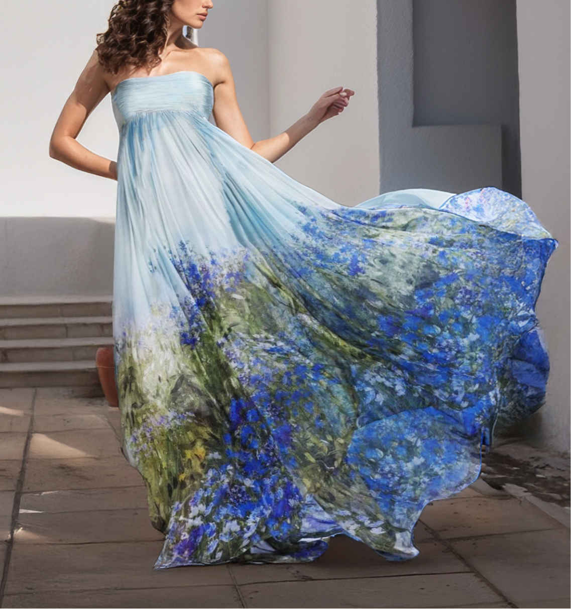 Woman wearing a strapless dress with floral design outdoors