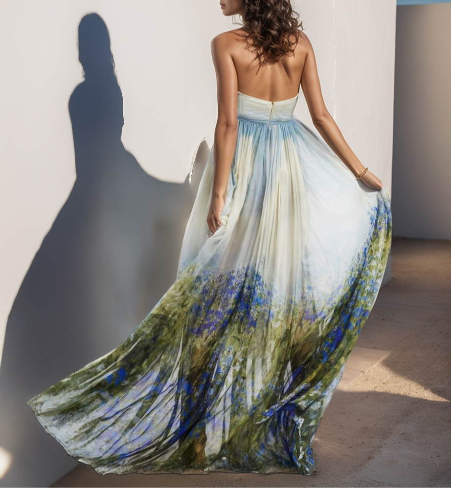 Woman wearing a floral dress standing against a white wall.