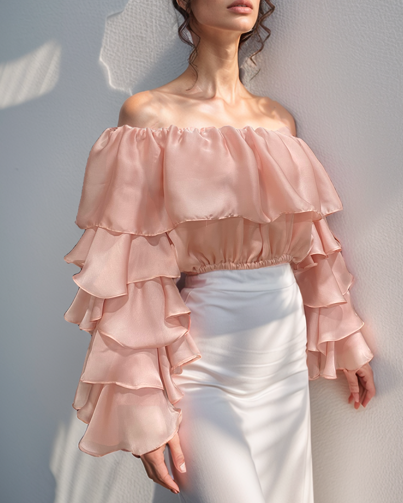 Coral Ruffle Sleeve Drama Top
