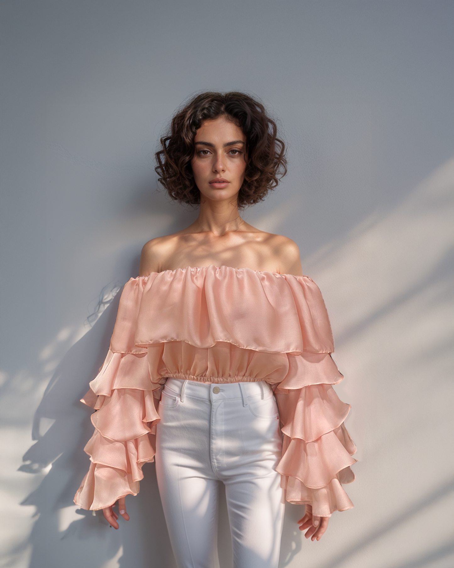 Coral Ruffle Sleeve Drama Top