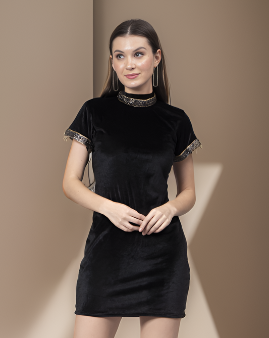 CLEARANCE - Velvet Embellished Collar Dress