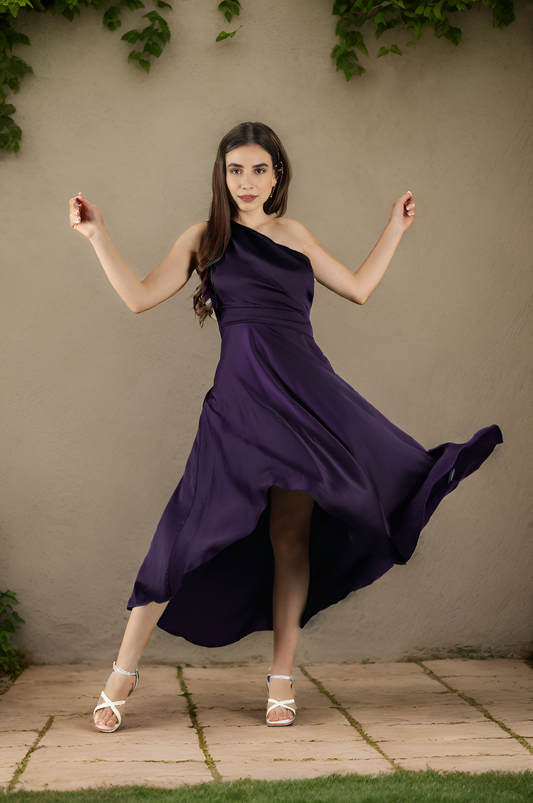 CLEARANCE - Wine One Shoulder Asymmetric Dress