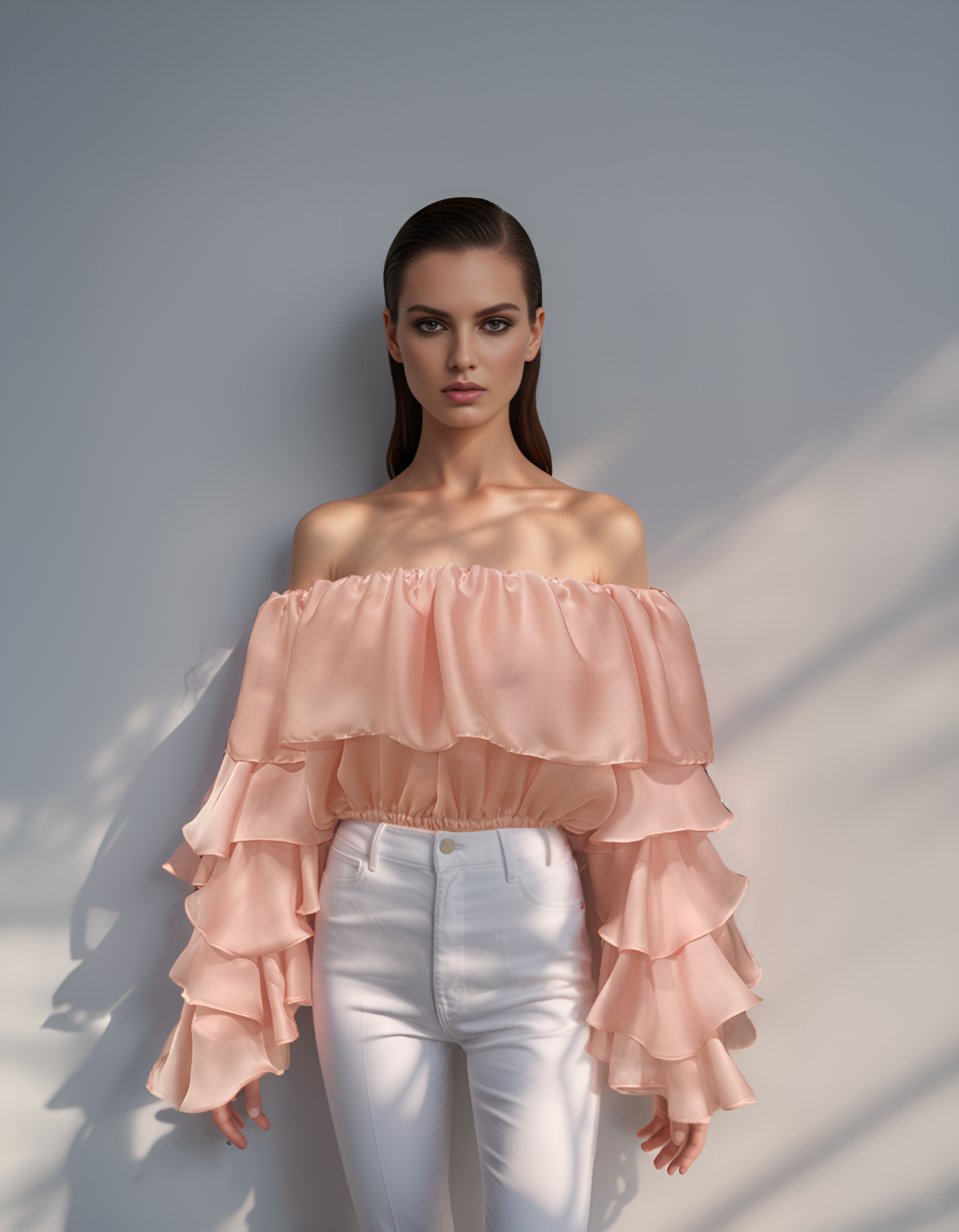 Coral Ruffle Sleeve Drama Top