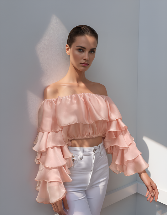 Coral Ruffle Sleeve Drama Top