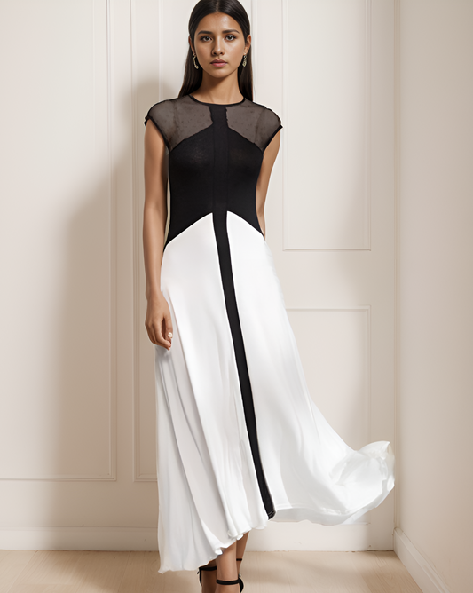Black White Sheer Midi Dress