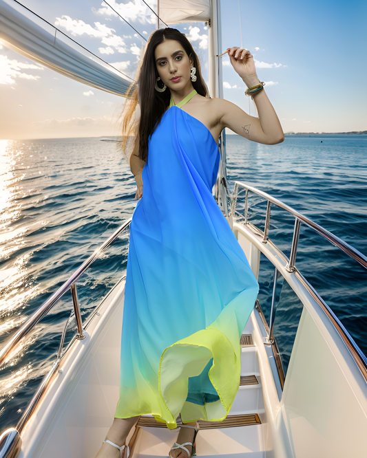 Blue Yellow Ombre Halter Gown