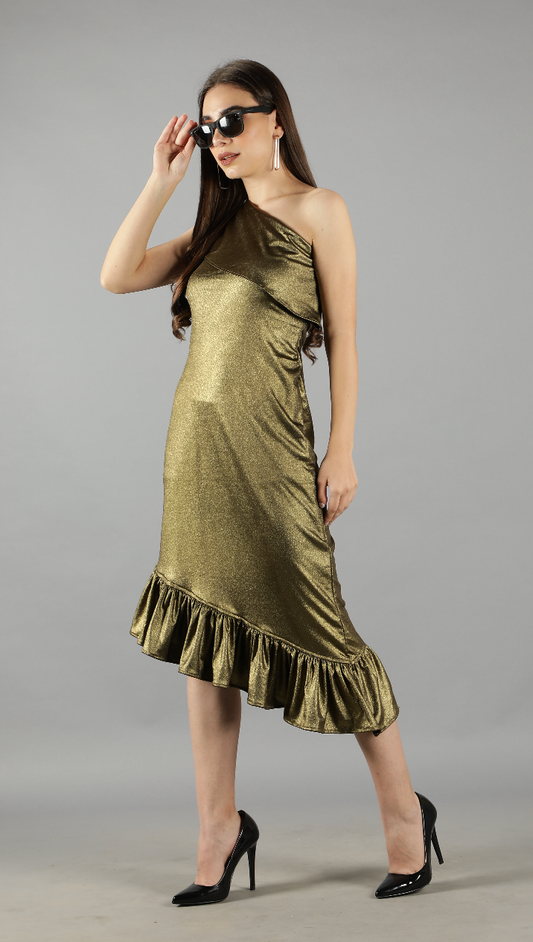 Gold Ruffle One Shoulder Dress