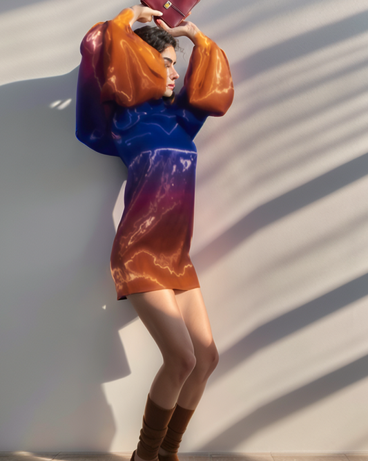 Person wearing a colorful outfit against a white wall with shadows.