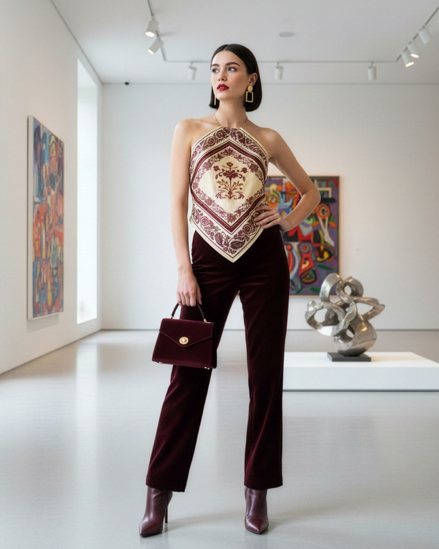 Cream Burgundy Handkerchief Top