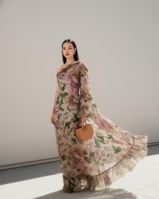 Floral Ruffle One Shoulder Dress