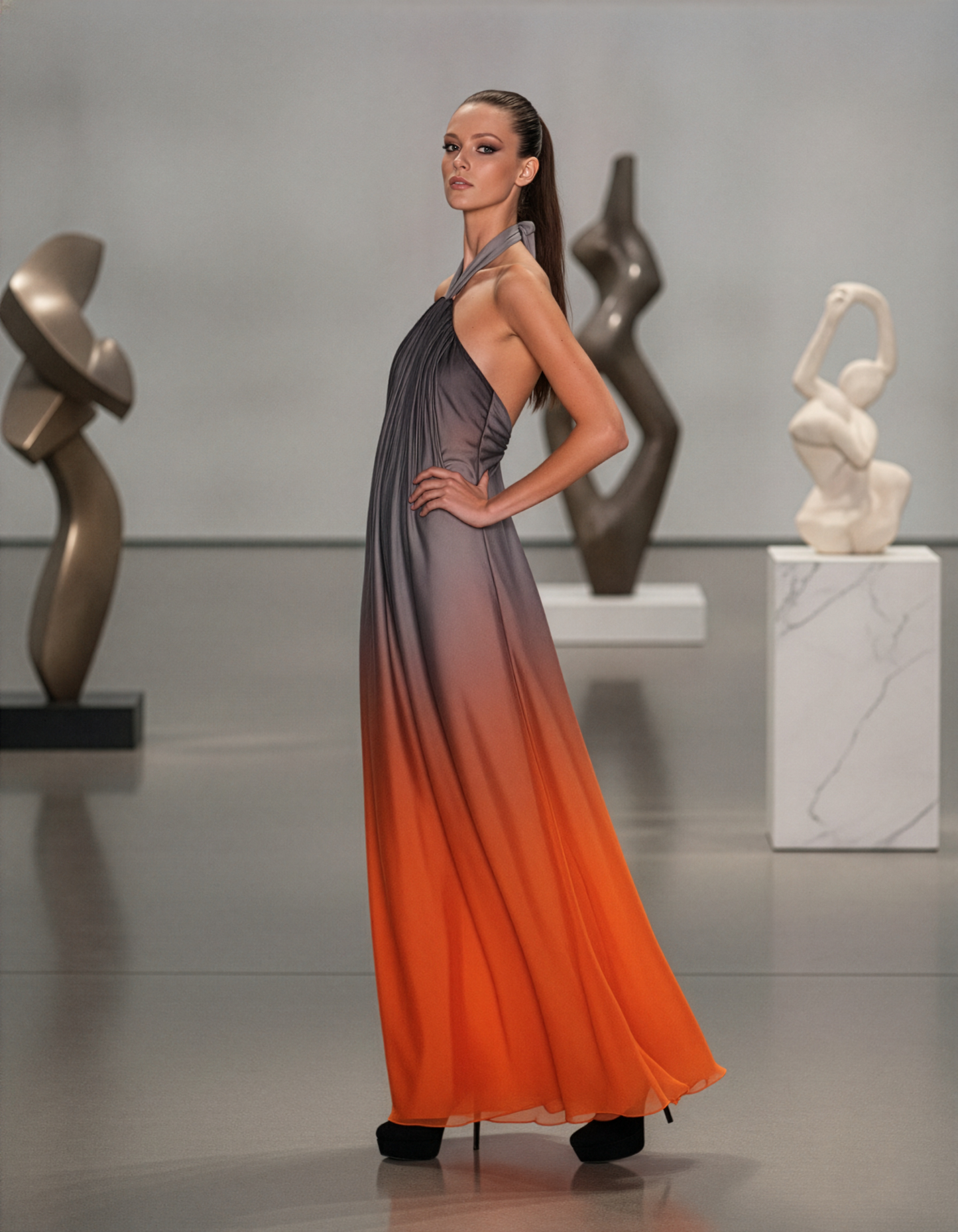Grey Orange Ombre Halter Gown