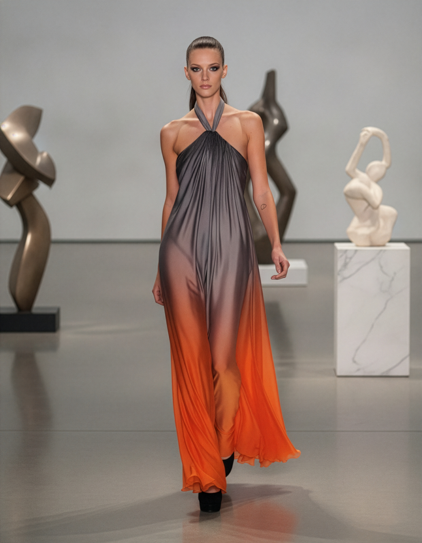 Grey Orange Ombre Halter Gown