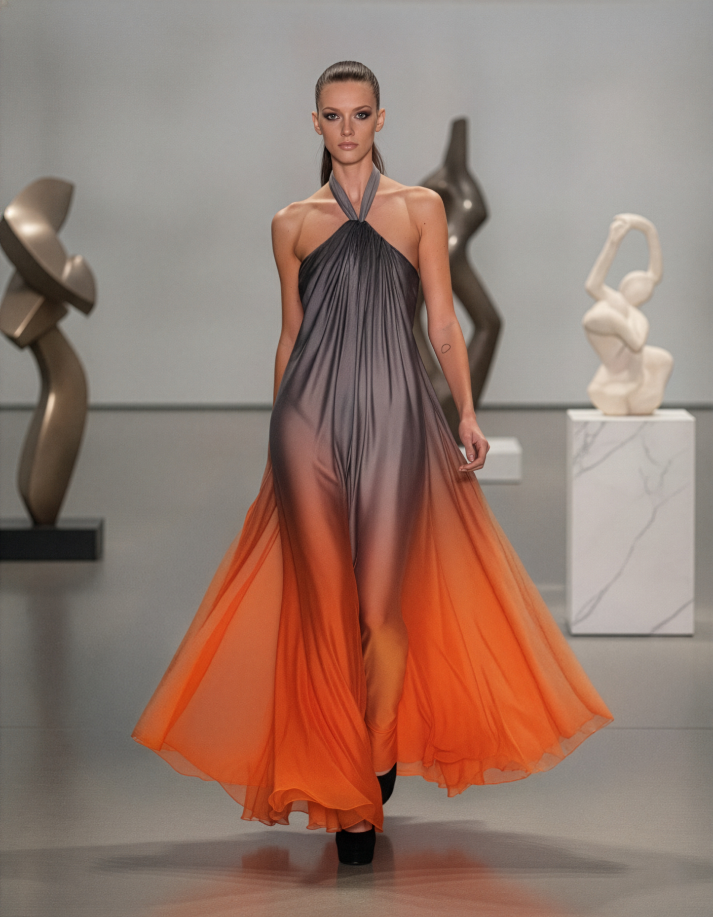 Grey Orange Ombre Halter Gown