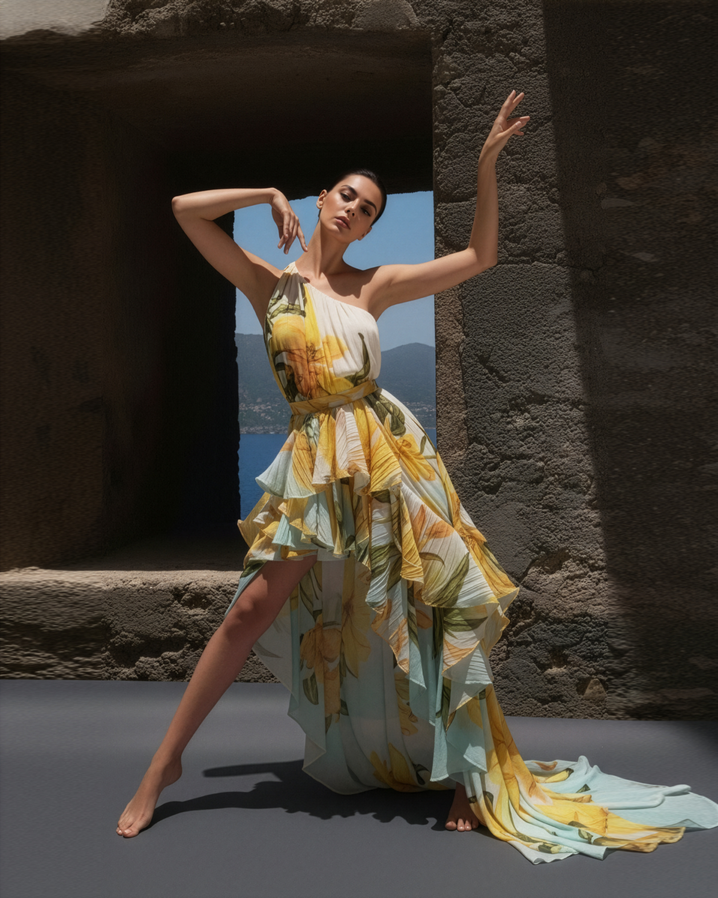 LUXE Lily ColourBlock Ruffle One Shoulder Gown