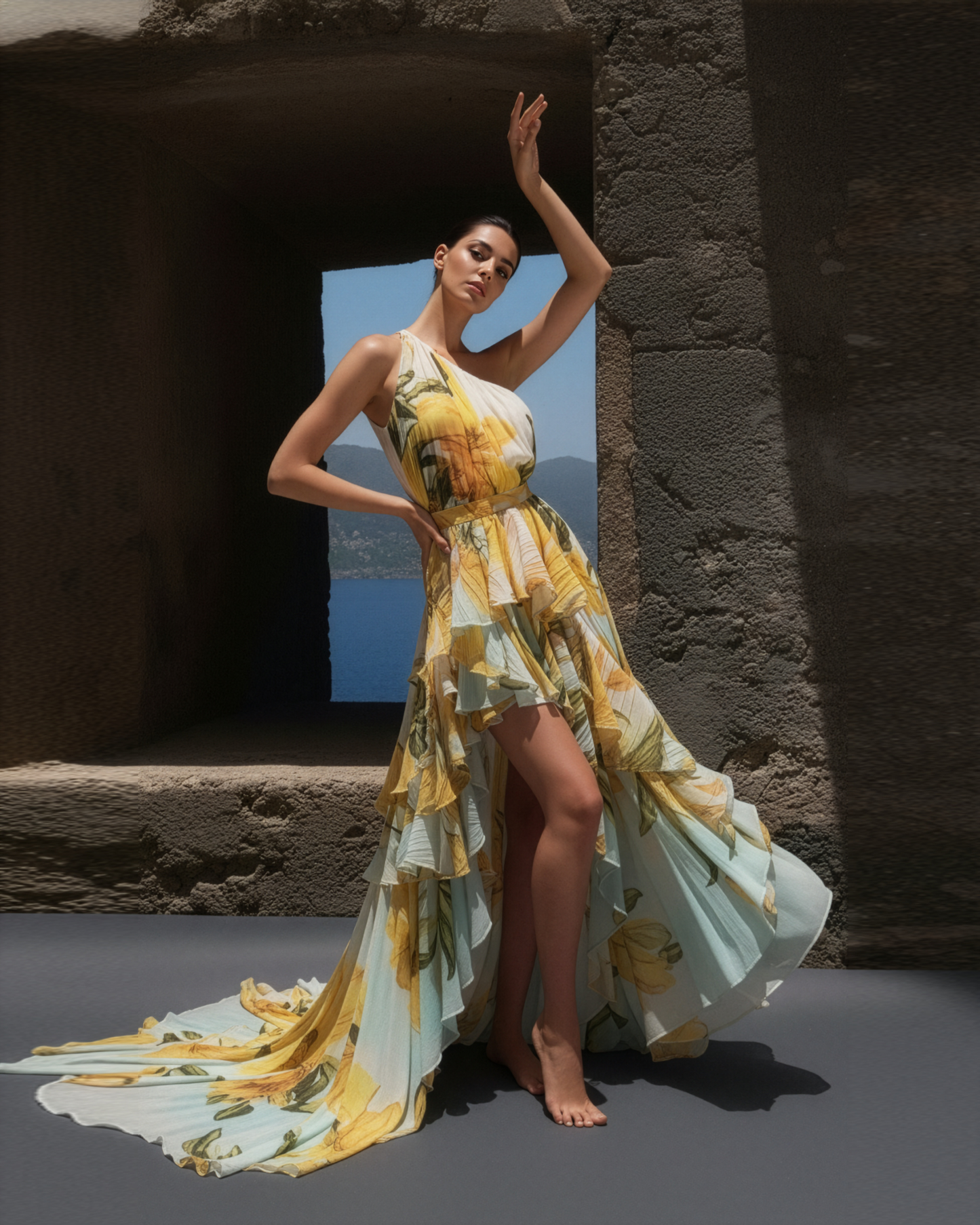 LUXE Lily ColourBlock Ruffle One Shoulder Gown