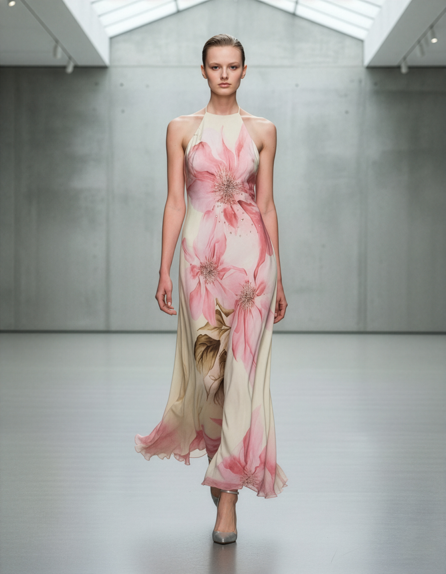 Cream Pastel Pink Flower Halter Dress