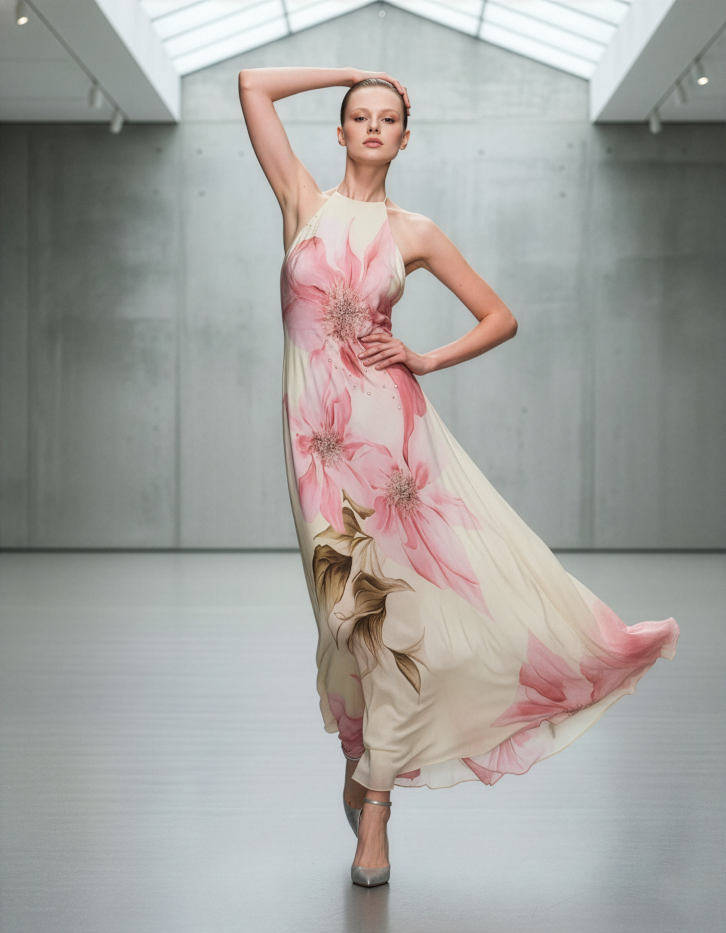 Cream Pastel Pink Flower Halter Dress