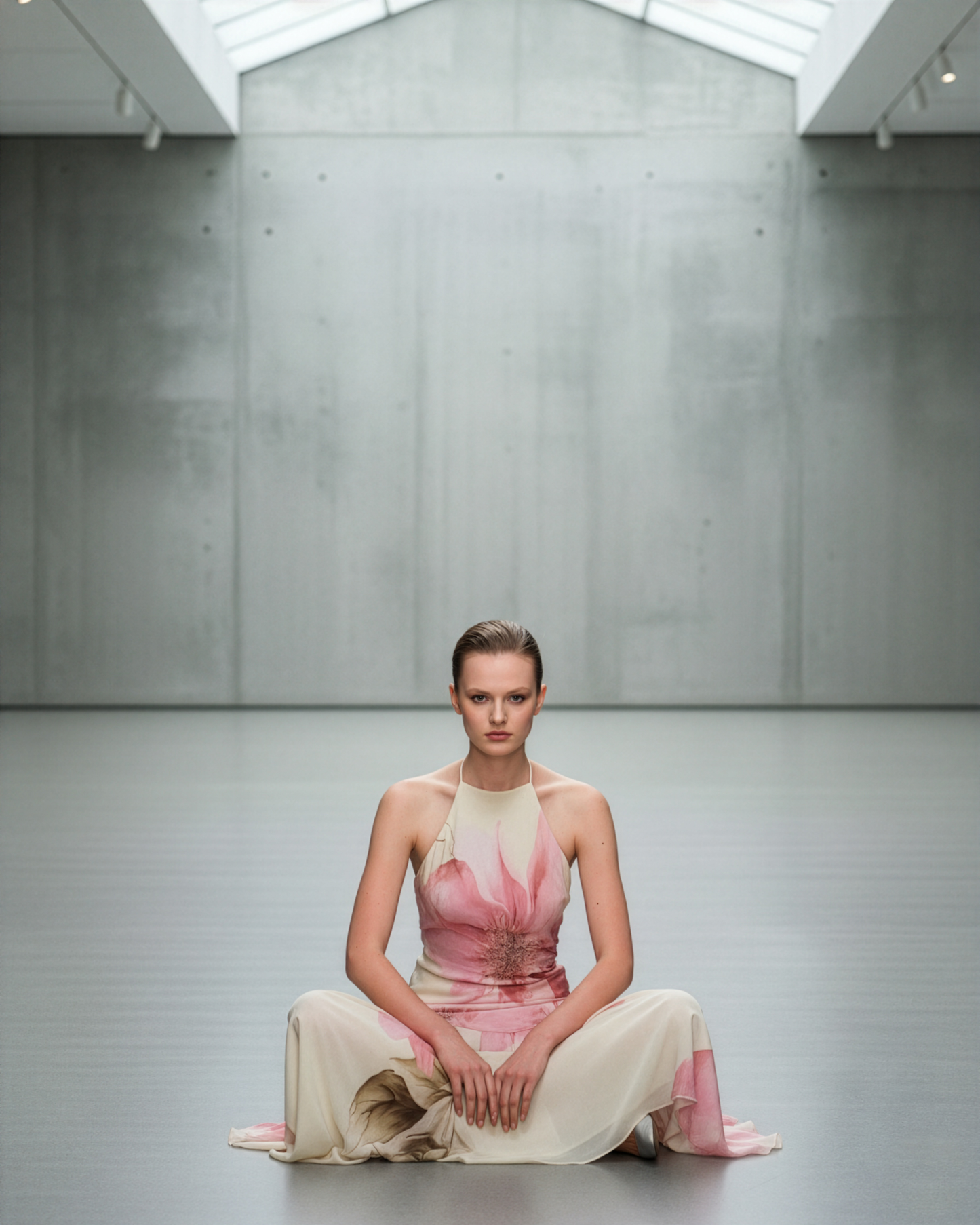 Cream Pastel Pink Flower Halter Dress