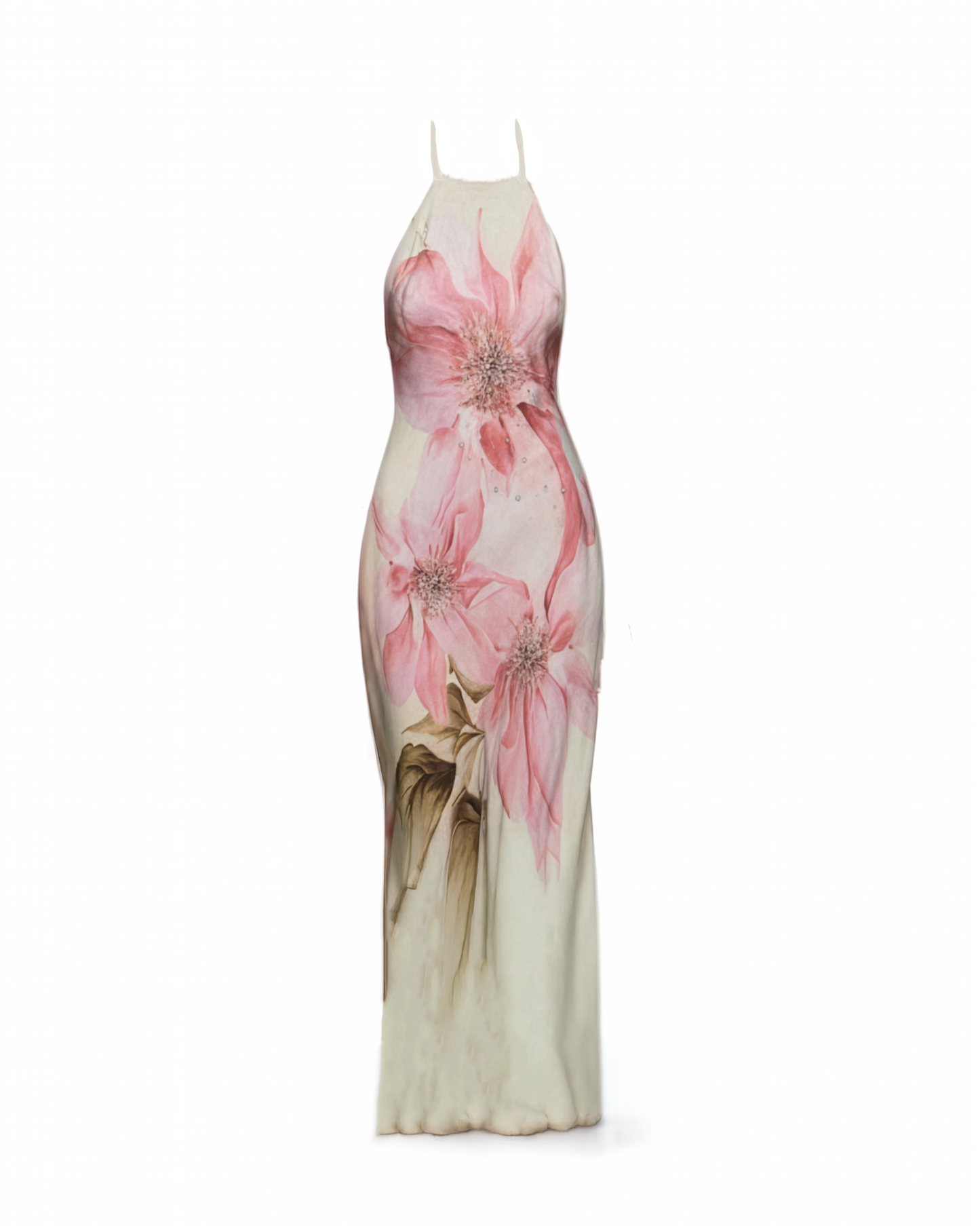 Cream Pastel Pink Flower Halter Dress