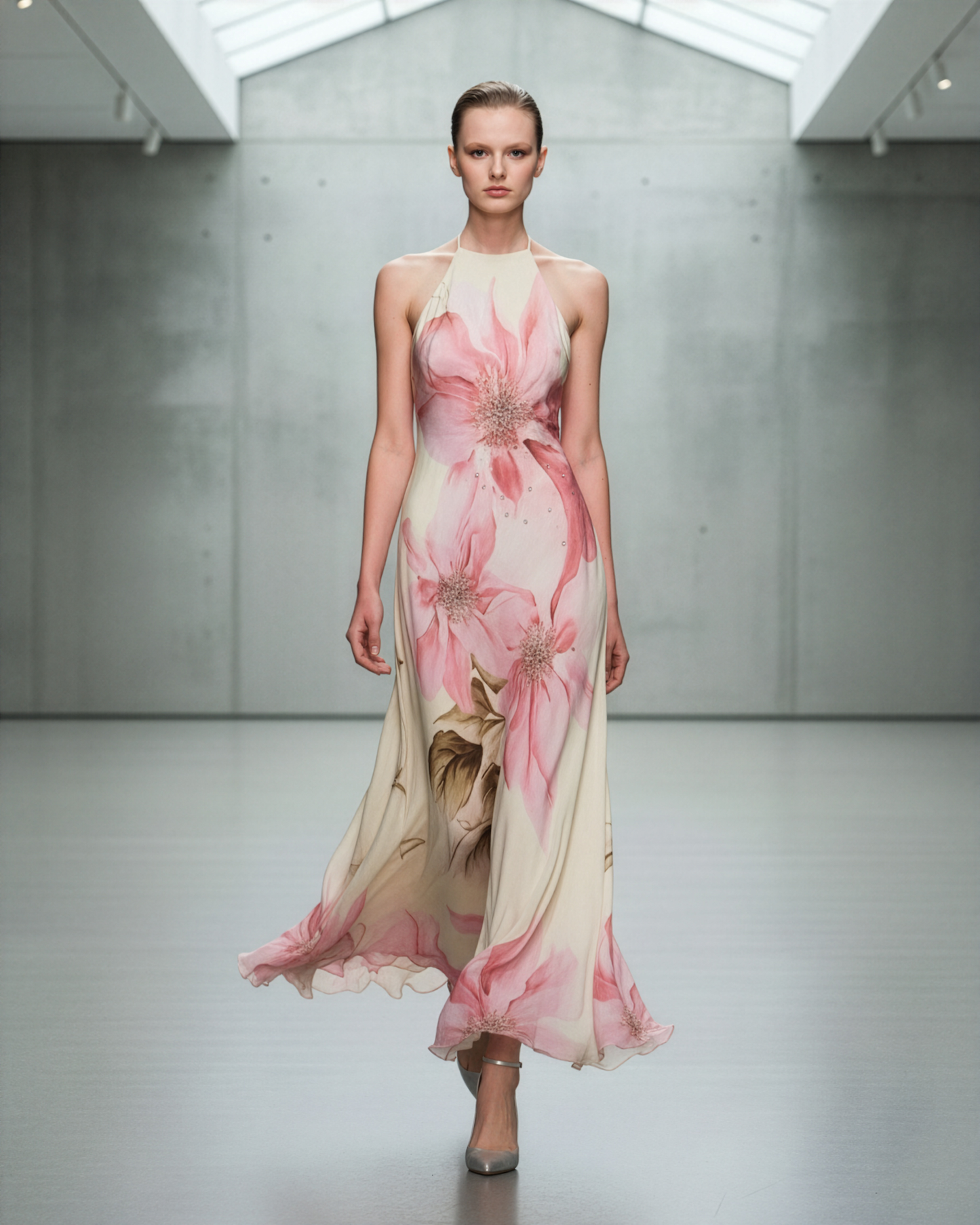 Cream Pastel Pink Flower Halter Dress