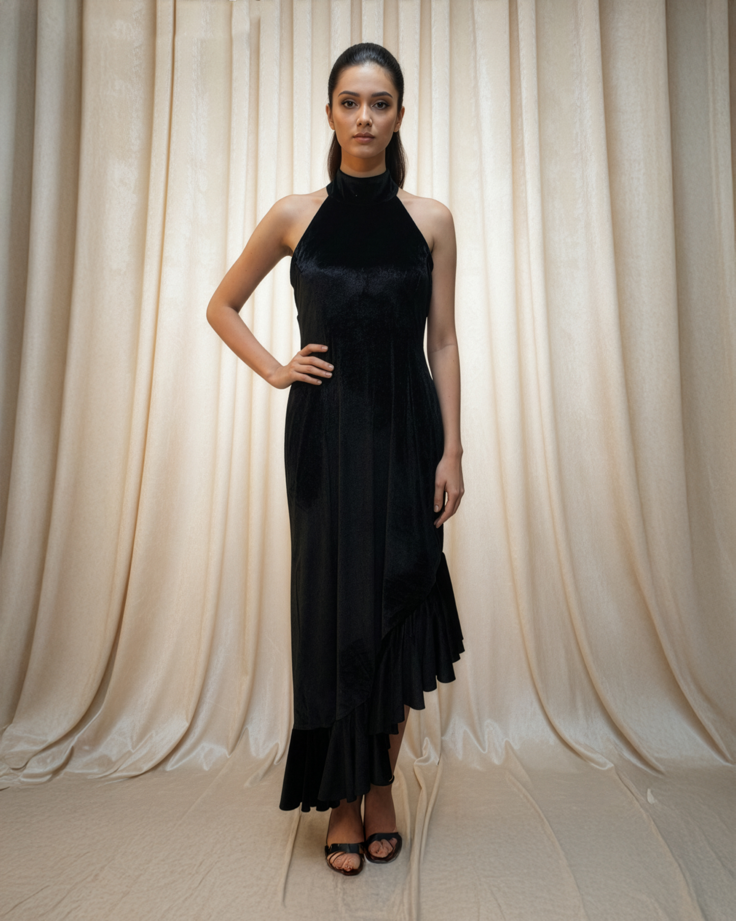 Black Velvet Ruffle Dress