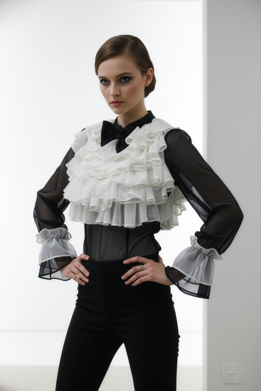 Black White Ruffle Drama Top