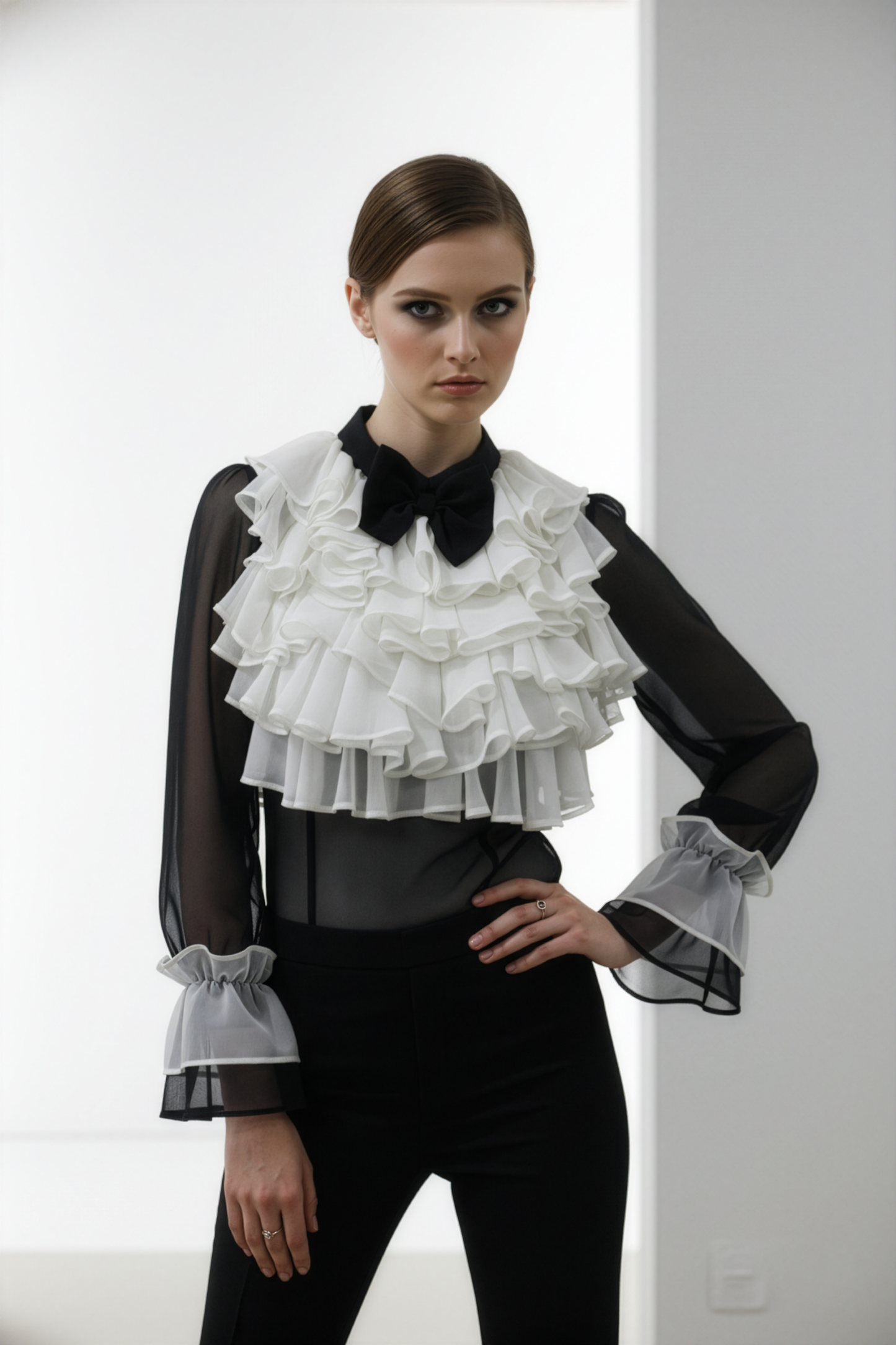 Black White Ruffle Drama Top