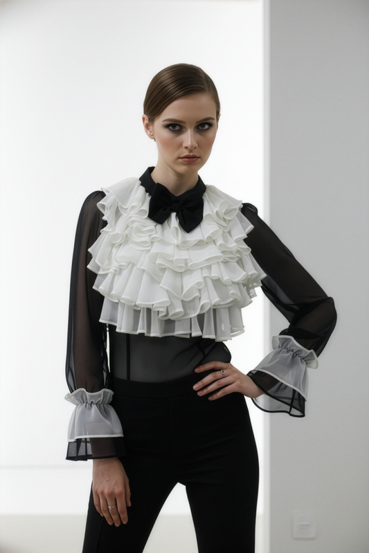 Black White Ruffle Drama Top